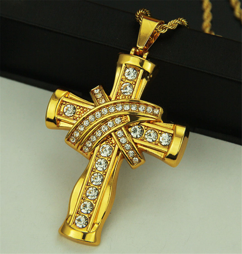 New Arrival Trendy Cross Pendant Iced Out Shining Crystal Gold Chain Necklace Hip Hop Cuba Jewelry