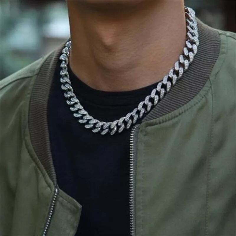 Iced Out Rhinestone Golden Finish Cuban Link Chain Necklace Men Hip Hop Necklace Bracelet Jewellry