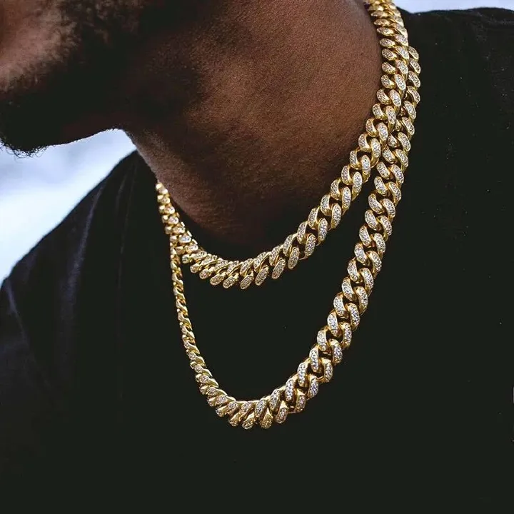 Iced Out Rhinestone Golden Finish Cuban Link Chain Necklace Men Hip Hop Necklace Bracelet Jewellry