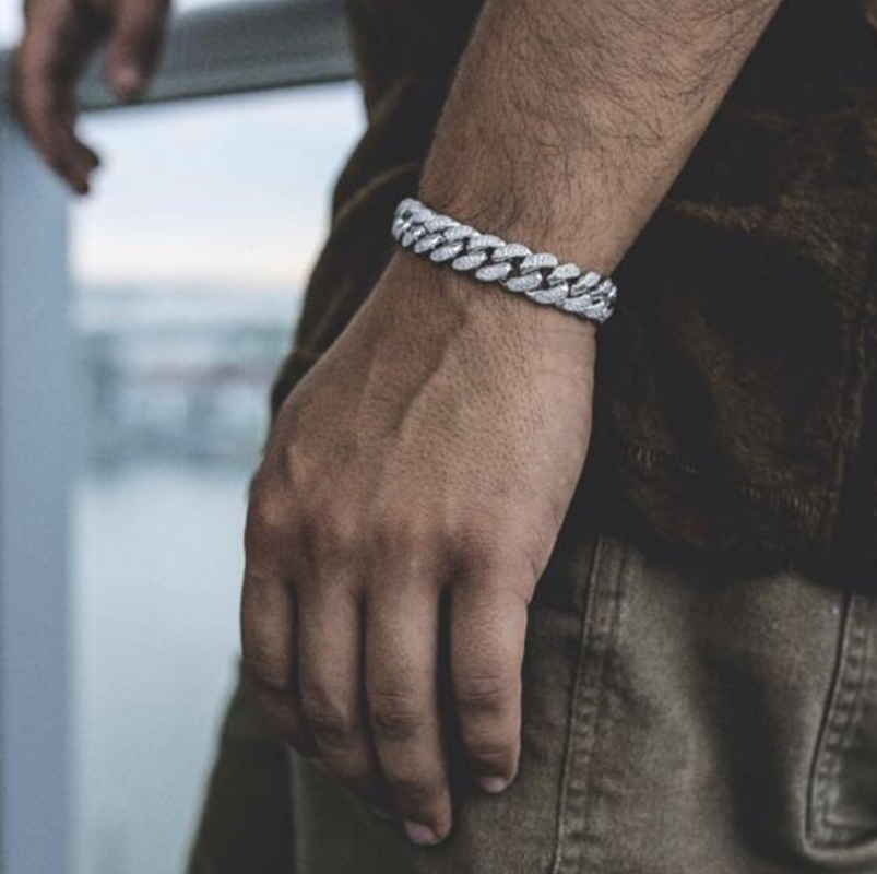 Men Iced Out Bling Rhinestone Miami Cuban Link Chain Hip Hop Bracelet Gold Chain Jewellery