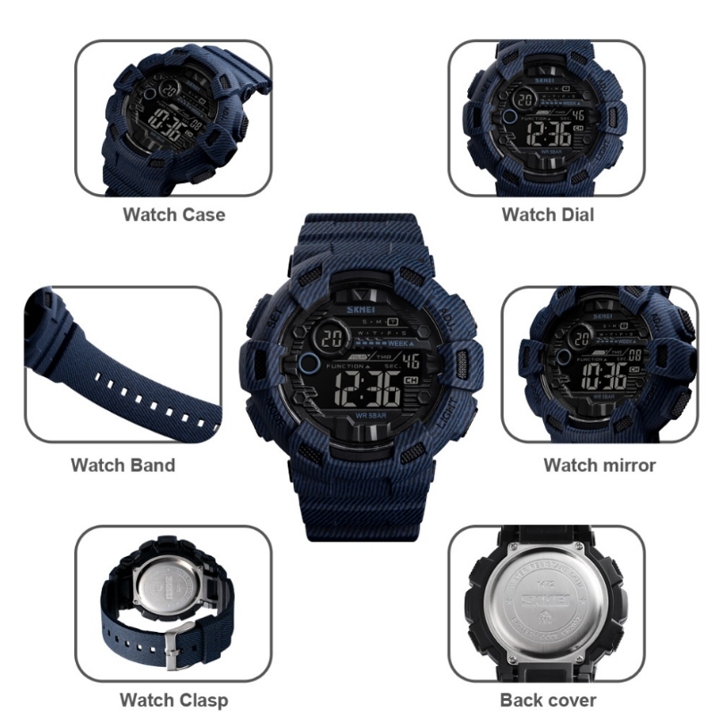 SKMEI Fashion Sport Watch Men Alarm Clock Cowboy Waterproof Men's Watches Denim Digital Watches