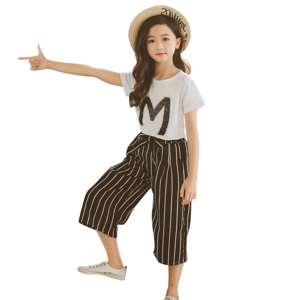 3-14Years Baby Teenage Kids Clothes Set T shirt Loose Stripe Pants Suits Children Girls Clothing