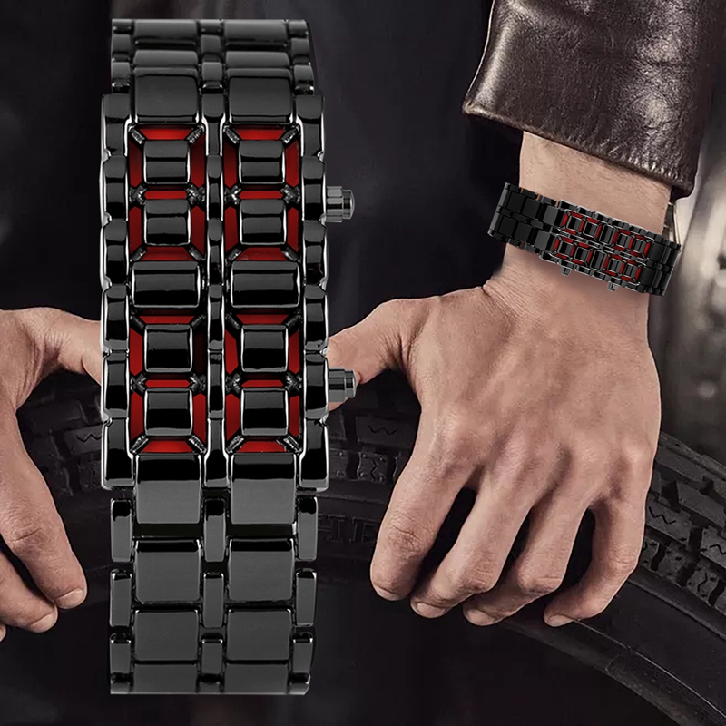 Fashion Full Metal Digital Lava Wrist Watch Iron Metal Red LED Men Boy Sports Wathes Men