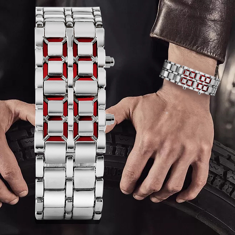Fashion Full Metal Digital Lava Wrist Watch Iron Metal Red LED Men Boy Sports Wathes Men