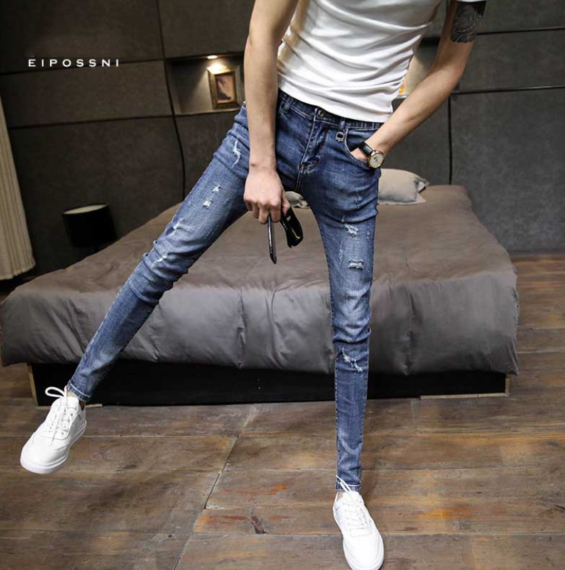 Fashion Ripped Hole Jeans Slim New Male Teenager Thin Pencil Pants Skinny Jeans Men