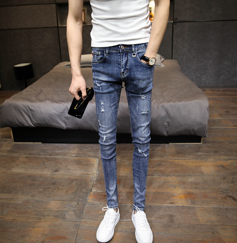 Fashion Ripped Hole Jeans Slim New Male Teenager Thin Pencil Pants Skinny Jeans Men