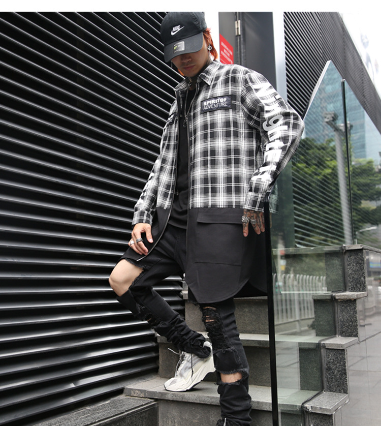 High Street Hip Hop Men Plaid Shirts Long sleeve Big pockets Patchwork Stylish Tops Men Shirts