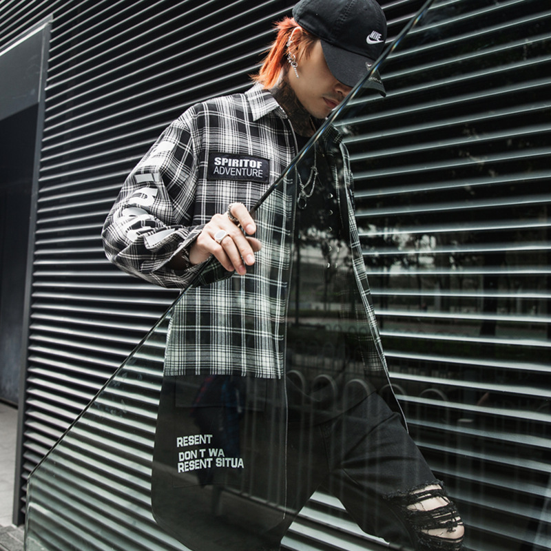 High Street Hip Hop Men Plaid Shirts Long sleeve Big pockets Patchwork Stylish Tops Men Shirts