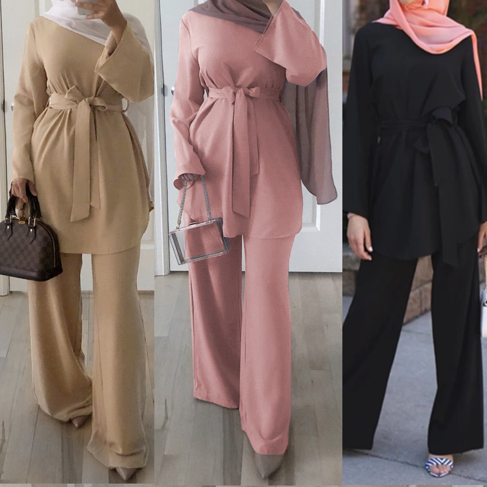 Muslim Dresses Women 2Pcs Set Blouse Wide Leg Pants Dubai Abaya Lace-up Solid Ropa Kaftan Islamic