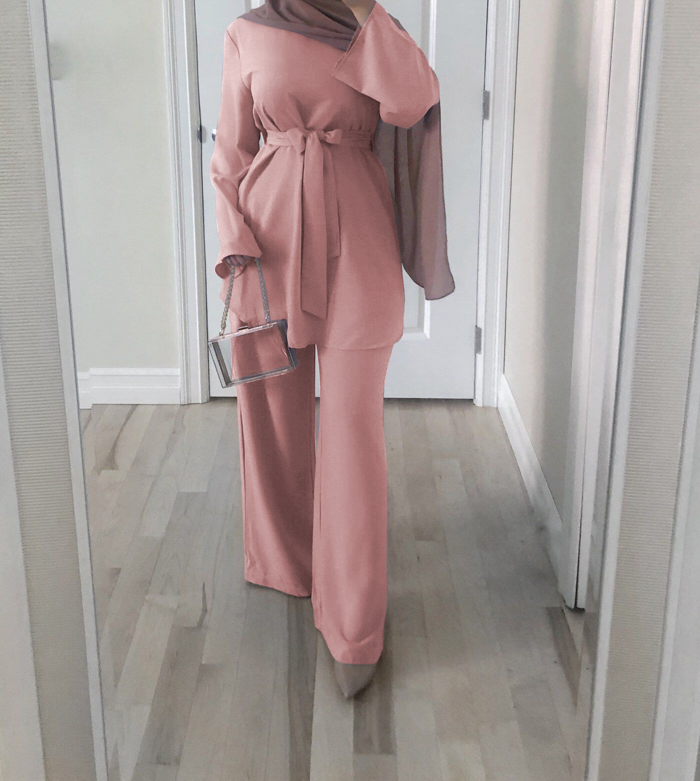 Muslim Dresses Women 2Pcs Set Blouse Wide Leg Pants Dubai Abaya Lace-up Solid Ropa Kaftan Islamic