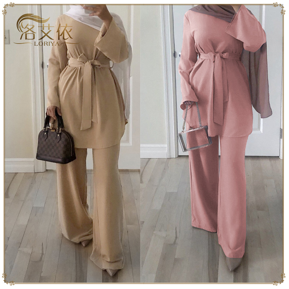 Muslim Dresses Women 2Pcs Set Blouse Wide Leg Pants Dubai Abaya Lace-up Solid Ropa Kaftan Islamic