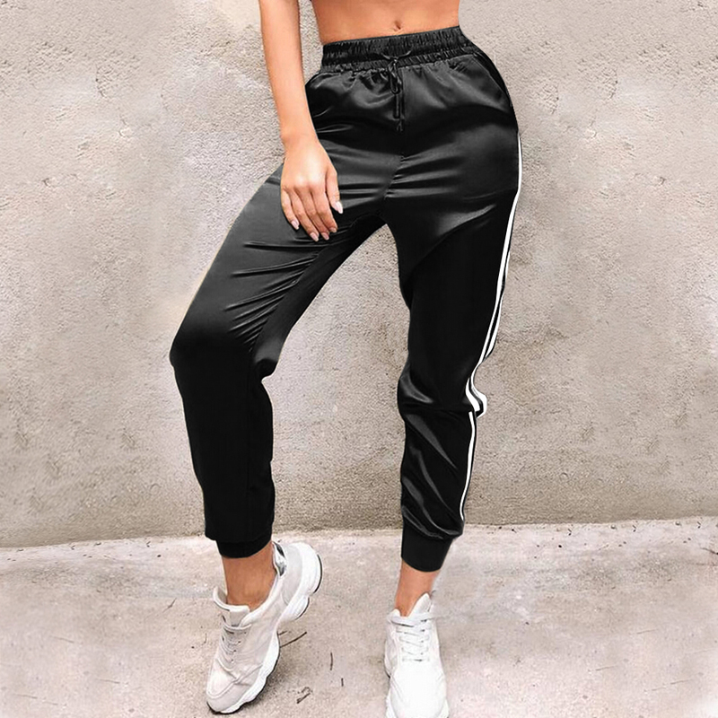 Women Sweatpants Gym Side Stripe Elastic Waist Pencil Pants Slim Joggers Sportwears Trousers