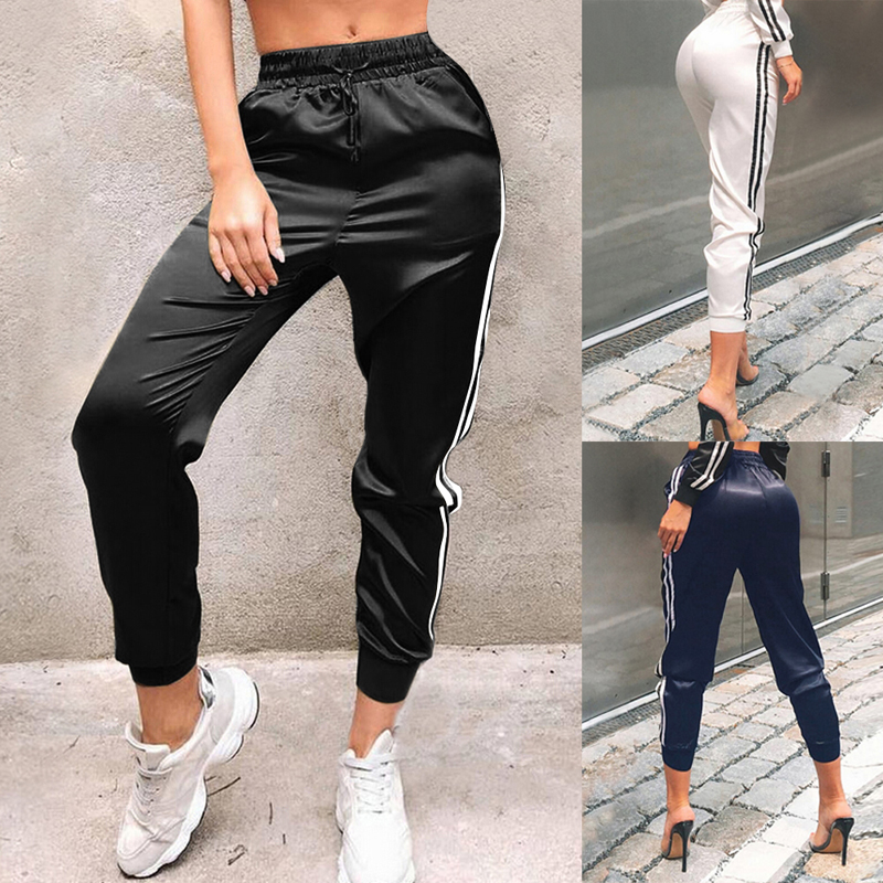 Women Sweatpants Gym Side Stripe Elastic Waist Pencil Pants Slim Joggers Sportwears Trousers