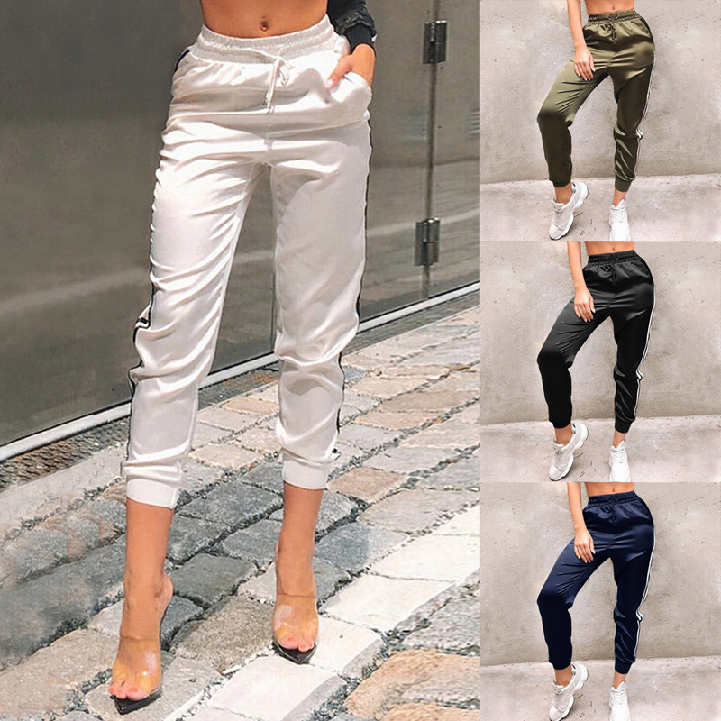 Women Sweatpants Gym Side Stripe Elastic Waist Pencil Pants Slim Joggers Sportwears Trousers