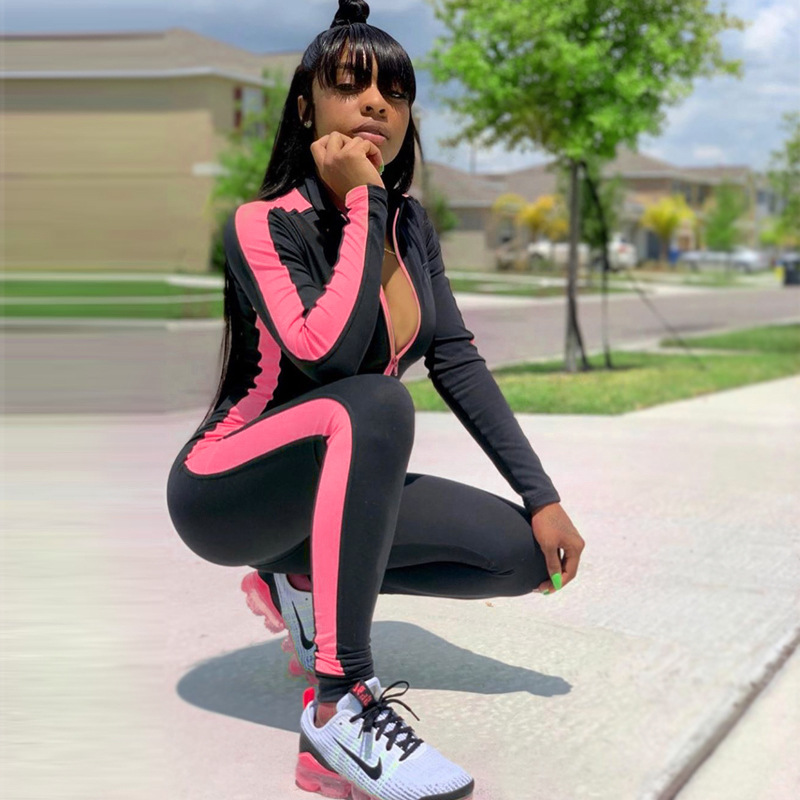 Fitness Jumpsuit Sporty Rompers Women Jumpsuits Workout Patchwork Zipper Jumpsuits Gymwear