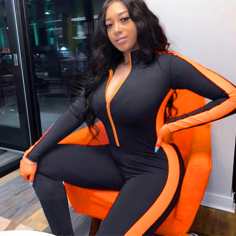 Fitness Jumpsuit Sporty Rompers Women Jumpsuits Workout Patchwork Zipper Jumpsuits Gymwear