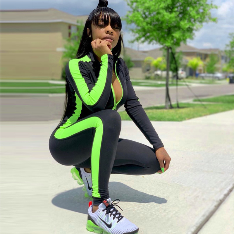 Fitness Jumpsuit Sporty Rompers Women Jumpsuits Workout Patchwork Zipper Jumpsuits Gymwear