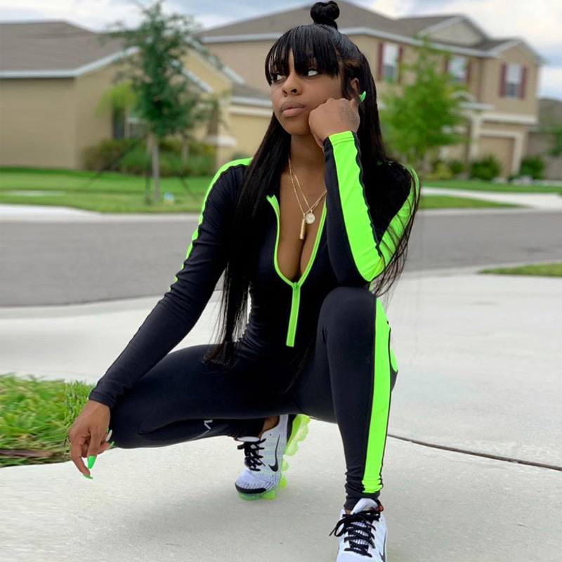 Fitness Jumpsuit Sporty Rompers Women Jumpsuits Workout Patchwork Zipper Jumpsuits Gymwear