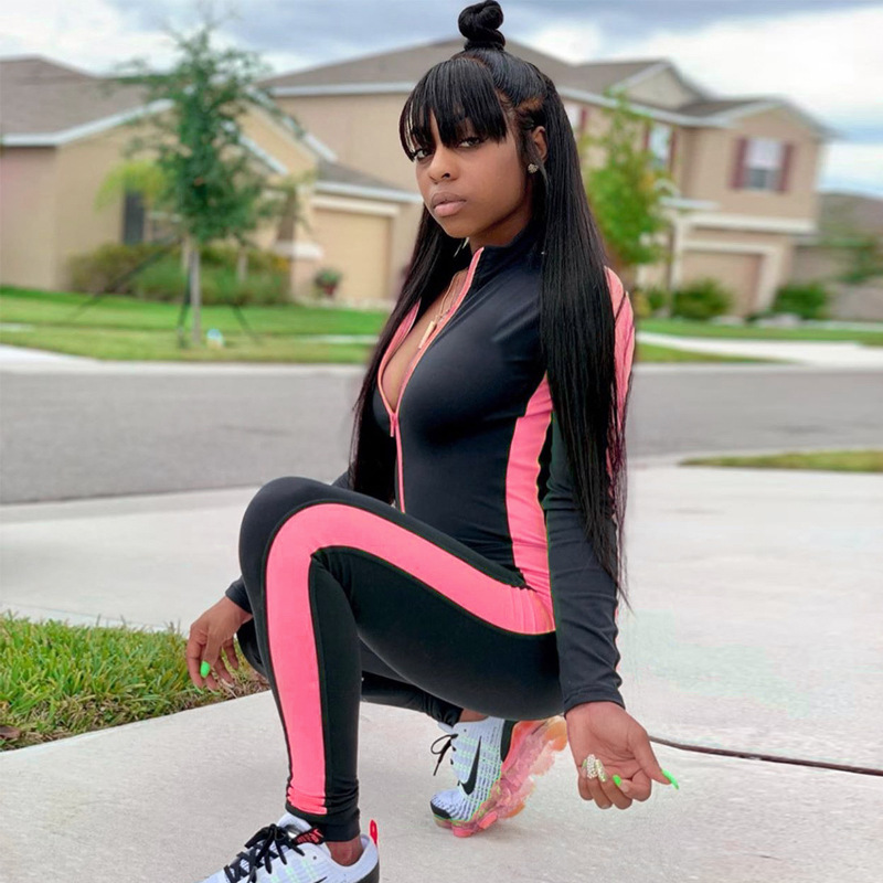 Fitness Jumpsuit Sporty Rompers Women Jumpsuits Workout Patchwork Zipper Jumpsuits Gymwear