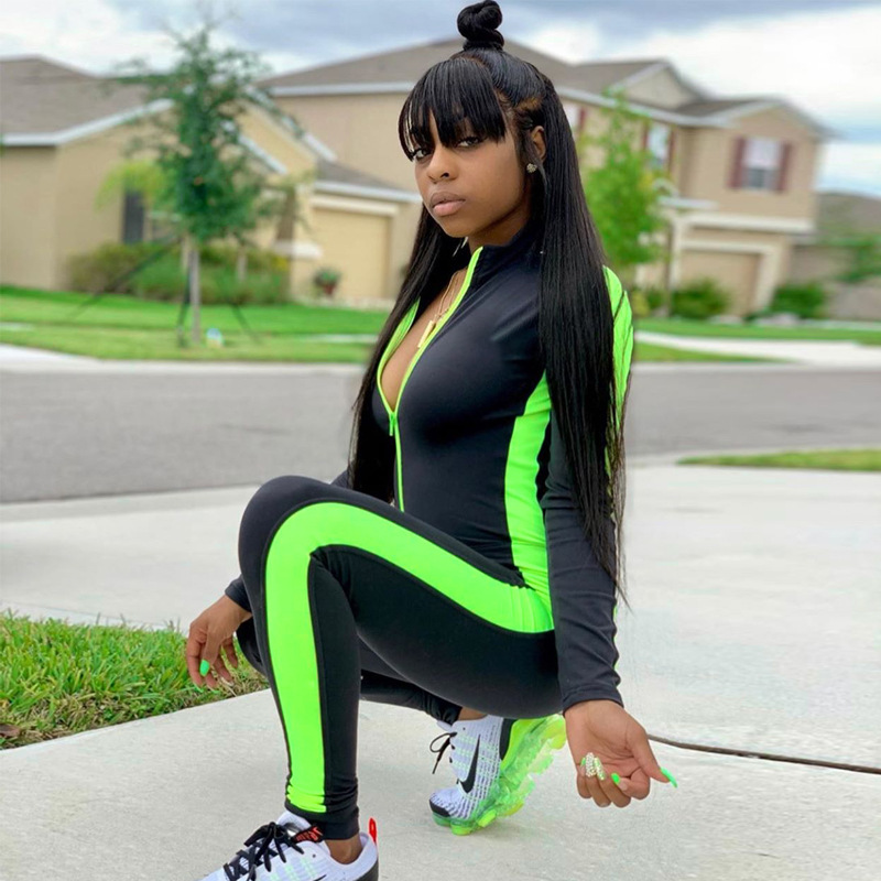 Fitness Jumpsuit Sporty Rompers Women Jumpsuits Workout Patchwork Zipper Jumpsuits Gymwear