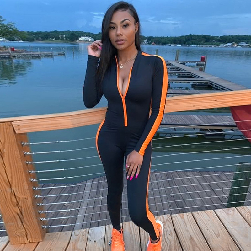 Fitness Jumpsuit Sporty Rompers Women Jumpsuits Workout Patchwork Zipper Jumpsuits Gymwear