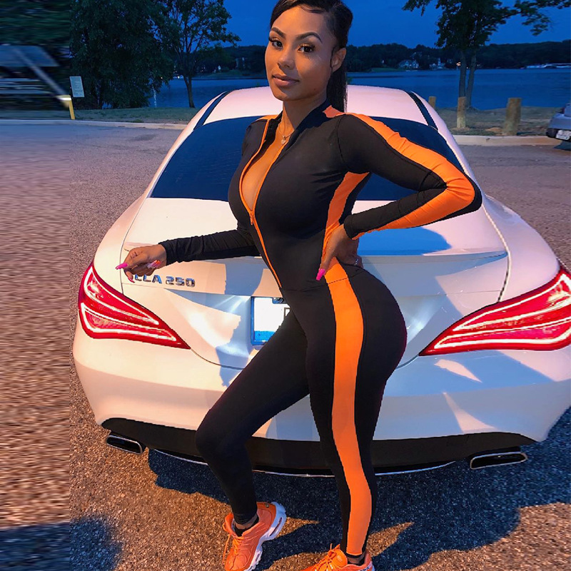 Fitness Jumpsuit Sporty Rompers Women Jumpsuits Workout Patchwork Zipper Jumpsuits Gymwear