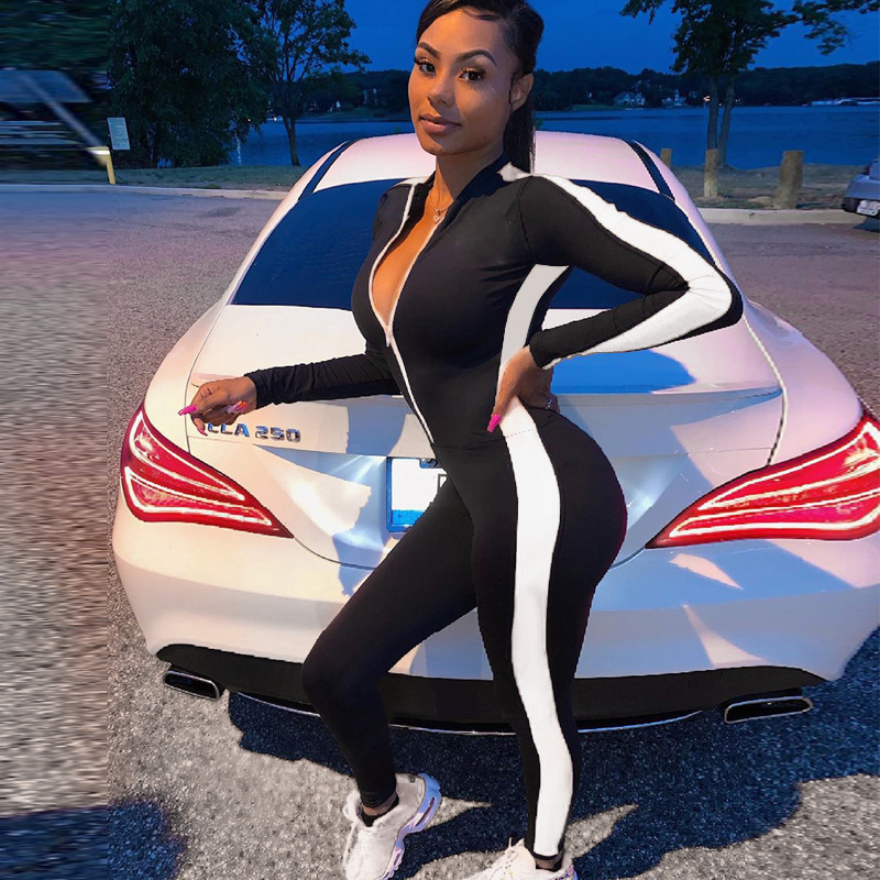 Fitness Jumpsuit Sporty Rompers Women Jumpsuits Workout Patchwork Zipper Jumpsuits Gymwear