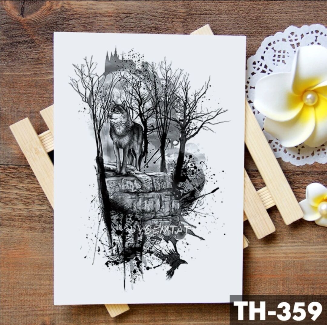 Waterproof Temporary Tattoo Sticker Forest Moon Flying Bird Bear Flash Tattoos Leopard Wolf Body Art