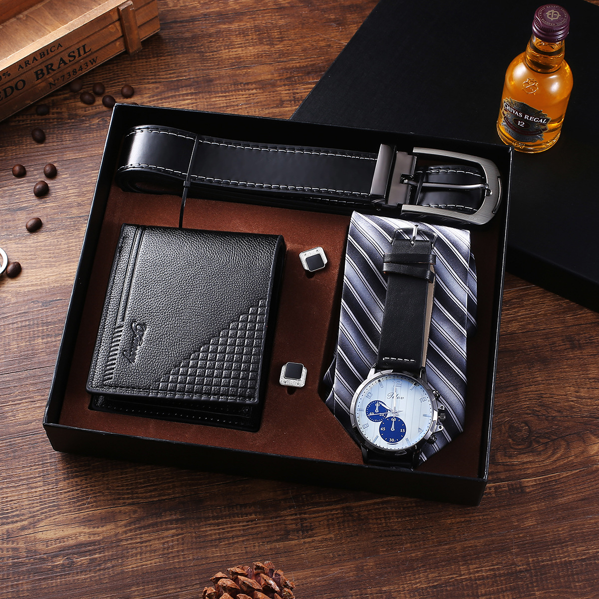 New 5Pcs/set Fashion Men's Watches Luxury Gifts Set Cufflinks Belt Watches Wallet Tie Gifts Sales