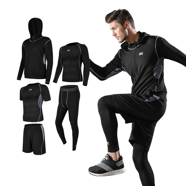5Pcs/Set Motorcycle Jackets Men Sportswear Quick Dry Sport Suit Gym Wear T-shirt Joggers Pants Men