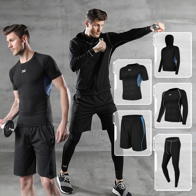 5Pcs/Set Motorcycle Jackets Men Sportswear Quick Dry Sport Suit Gym Wear T-shirt Joggers Pants Men