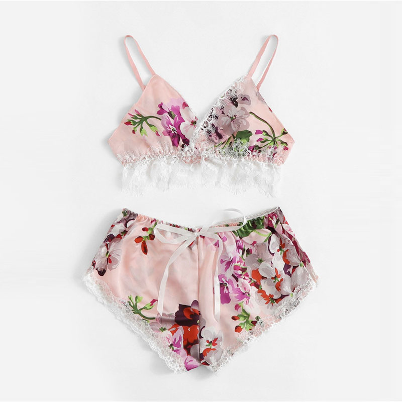 2Pcs/Set Women Sleepwear Underwear Sexy Silk Satin Lingerie Floral Pajamas Tops Bralette Panties Ses