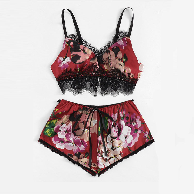 2Pcs/Set Women Sleepwear Underwear Sexy Silk Satin Lingerie Floral Pajamas Tops Bralette Panties Ses