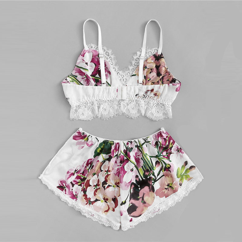 2Pcs/Set Women Sleepwear Underwear Sexy Silk Satin Lingerie Floral Pajamas Tops Bralette Panties Ses