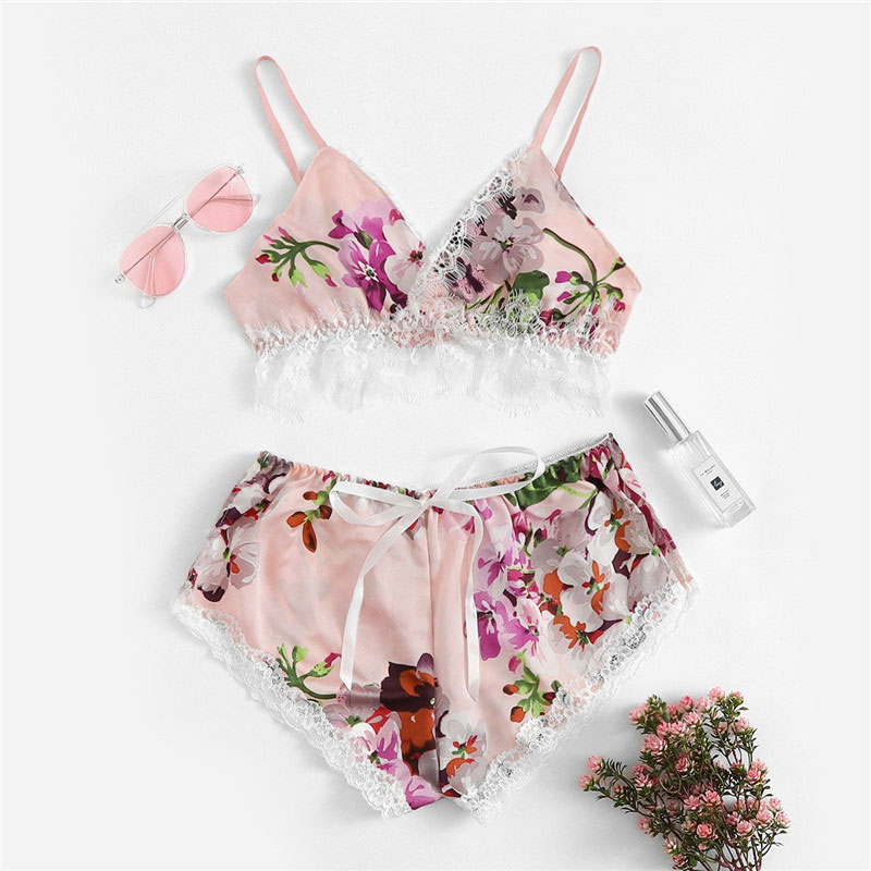 2Pcs/Set Women Sleepwear Underwear Sexy Silk Satin Lingerie Floral Pajamas Tops Bralette Panties Ses