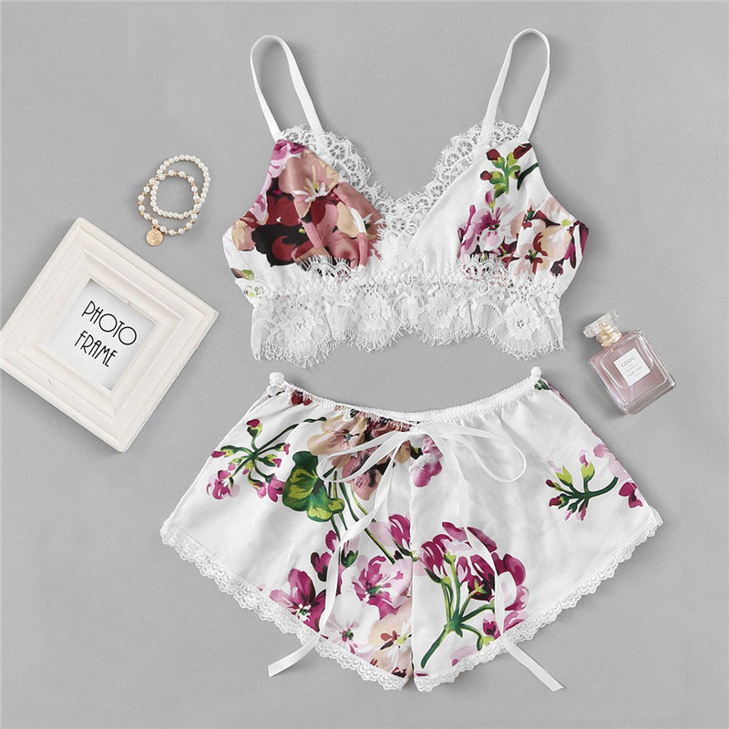 2Pcs/Set Women Sleepwear Underwear Sexy Silk Satin Lingerie Floral Pajamas Tops Bralette Panties Ses