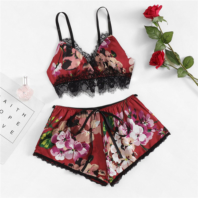 2Pcs/Set Women Sleepwear Underwear Sexy Silk Satin Lingerie Floral Pajamas Tops Bralette Panties Ses