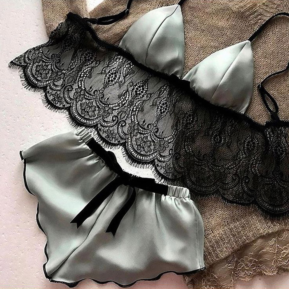 2Pcs/Set Women Sleepwear Underwear Sexy Silk Satin Lingerie Floral Pajamas Tops Bralette Panties Ses