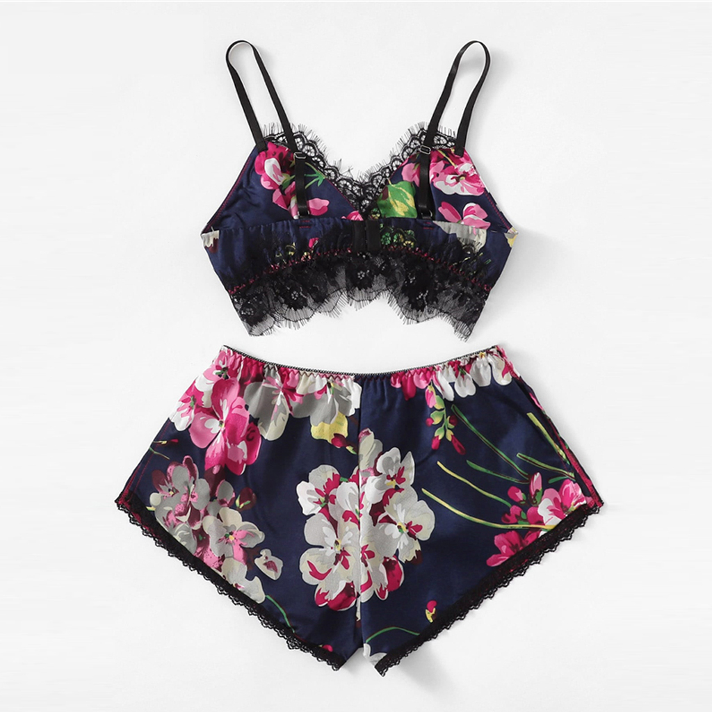 2Pcs/Set Women Sleepwear Underwear Sexy Silk Satin Lingerie Floral Pajamas Tops Bralette Panties Ses