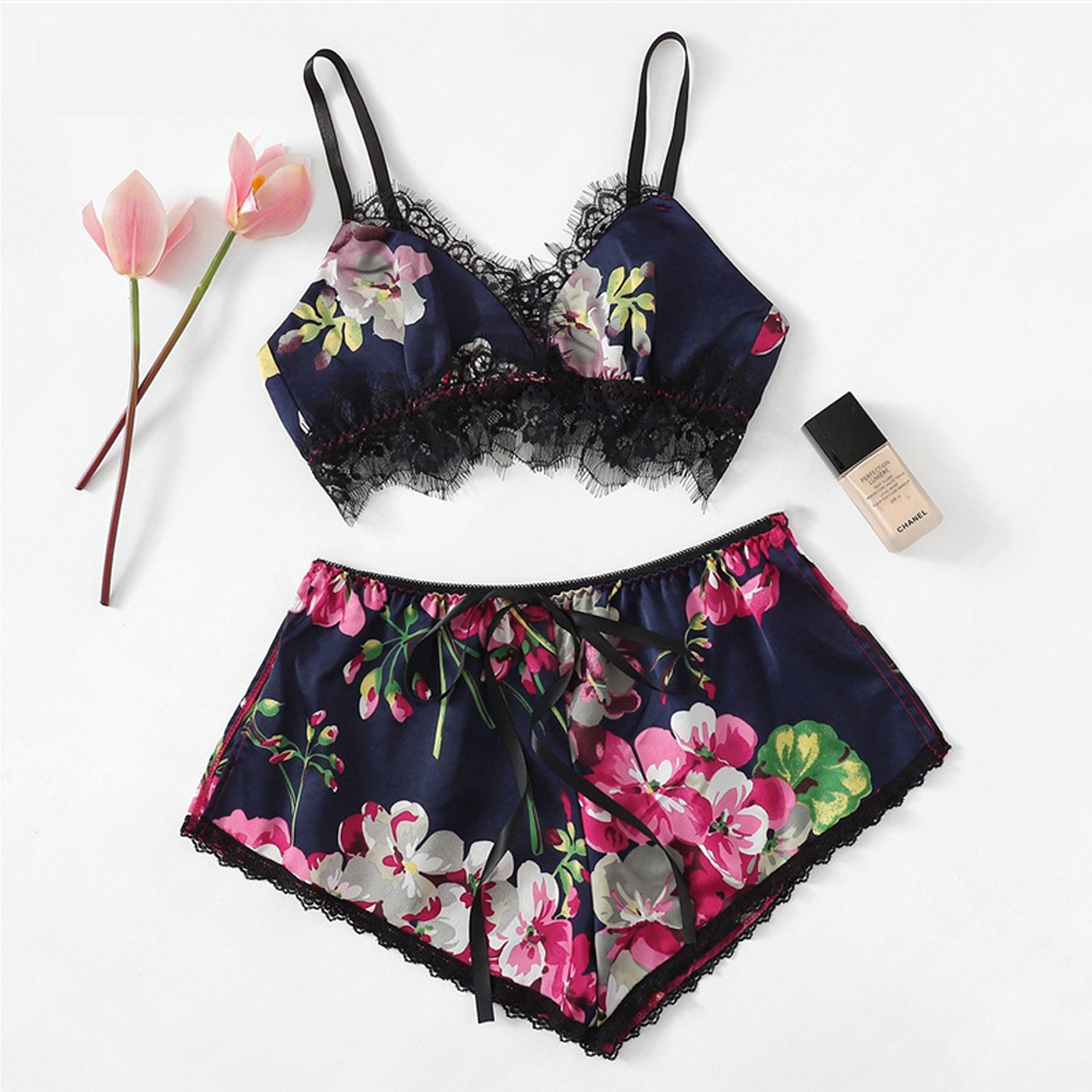 2Pcs/Set Women Sleepwear Underwear Sexy Silk Satin Lingerie Floral Pajamas Tops Bralette Panties Ses