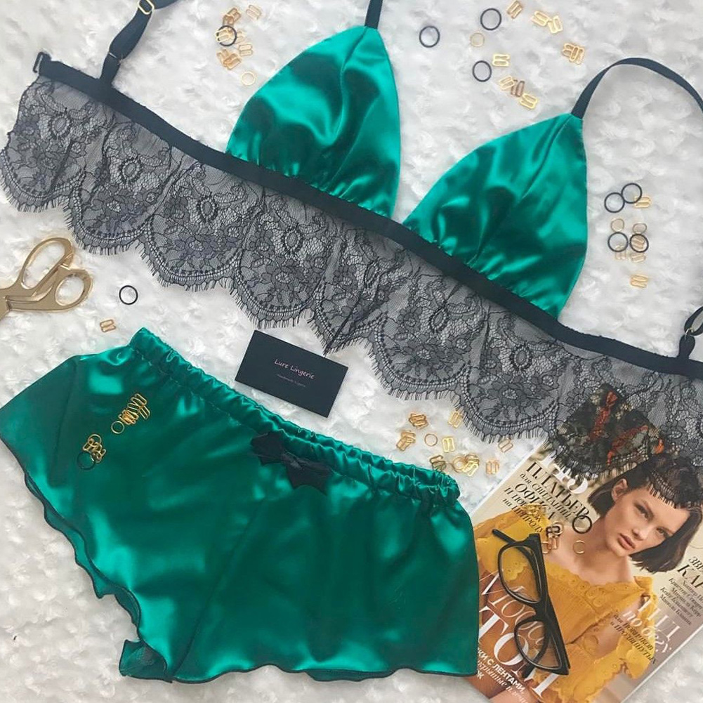 2Pcs/Set Women Sleepwear Underwear Sexy Silk Satin Lingerie Floral Pajamas Tops Bralette Panties Ses