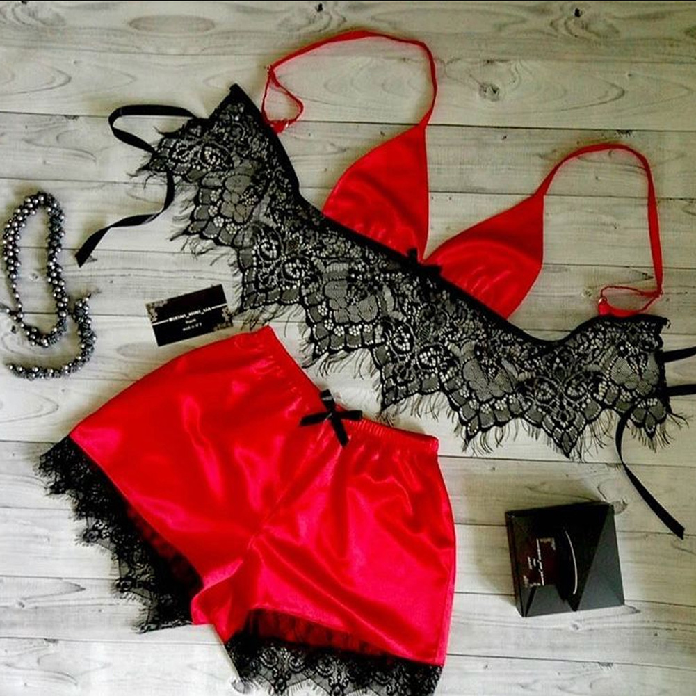 2Pcs/Set Women Sleepwear Underwear Sexy Silk Satin Lingerie Floral Pajamas Tops Bralette Panties Ses