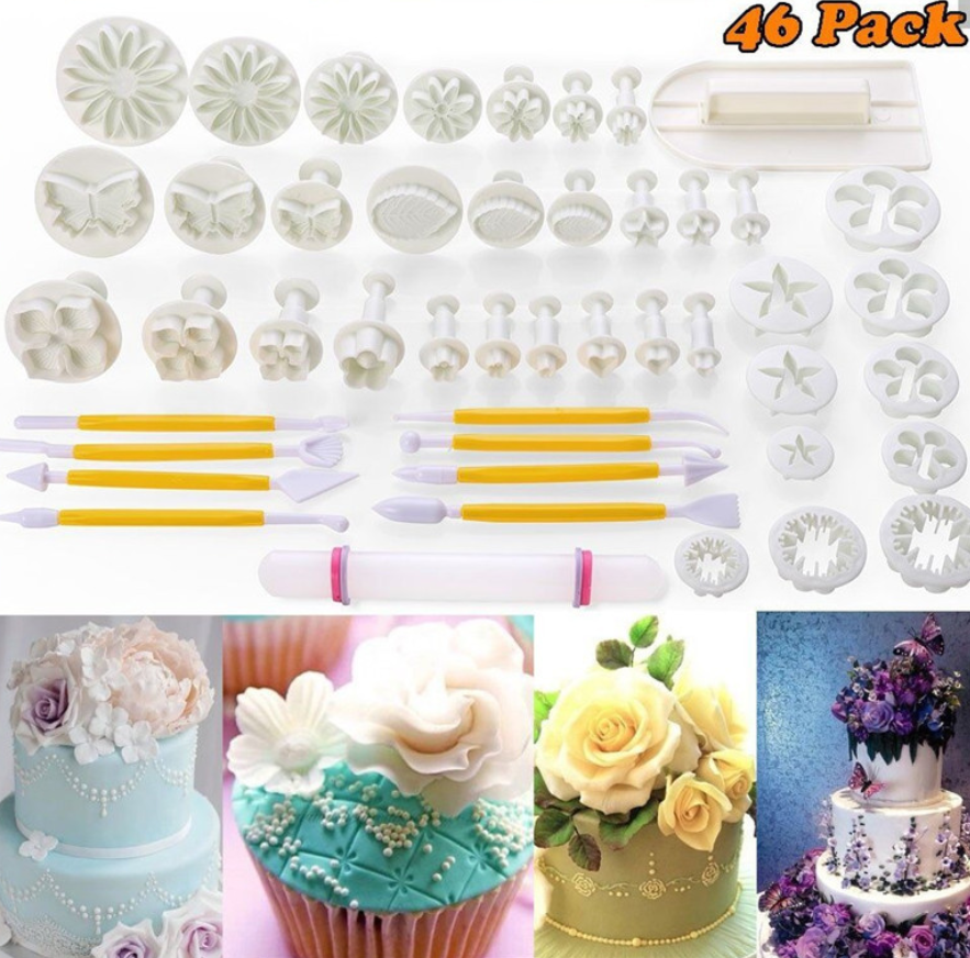 46Pcs Fondant Decorating Supplies Cake Mold Set Cake Tools Kitchen Baking Molding Kit Sugarcraft