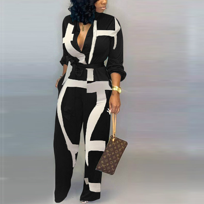 New Fashion Jumpsuits Women Office Rompers Button Up Self Belted Pockets Plus Size Women Jumpsuit