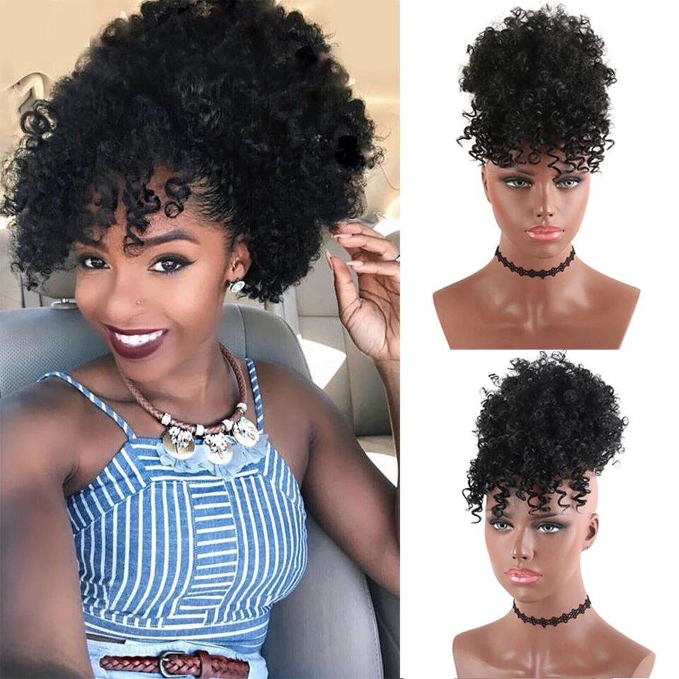 High Puff Afro Kinky Curly Synthetic Ponytail with Bangs Hair Extension Drawstring Wigs Sales