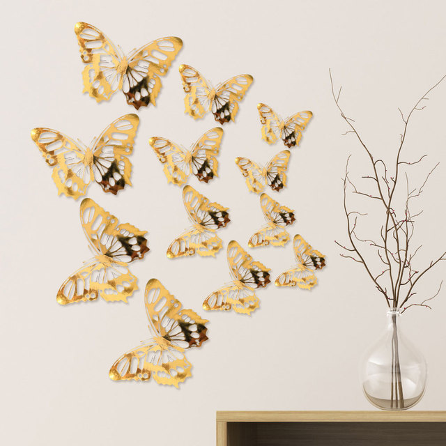 12Pcs/Set Gold Silver Hollow Butterfly Wall Sticker 3D Butterflies Bedroom Home Decor Wedding Decor