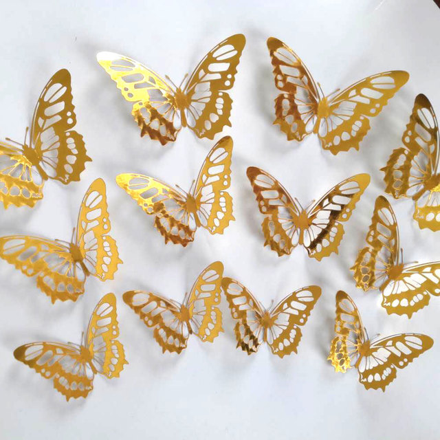 12Pcs/Set Gold Silver Hollow Butterfly Wall Sticker 3D Butterflies Bedroom Home Decor Wedding Decor
