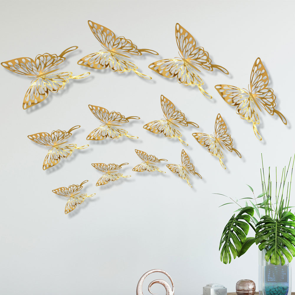12Pcs/Set Gold Silver Hollow Butterfly Wall Sticker 3D Butterflies Bedroom Home Decor Wedding Decor