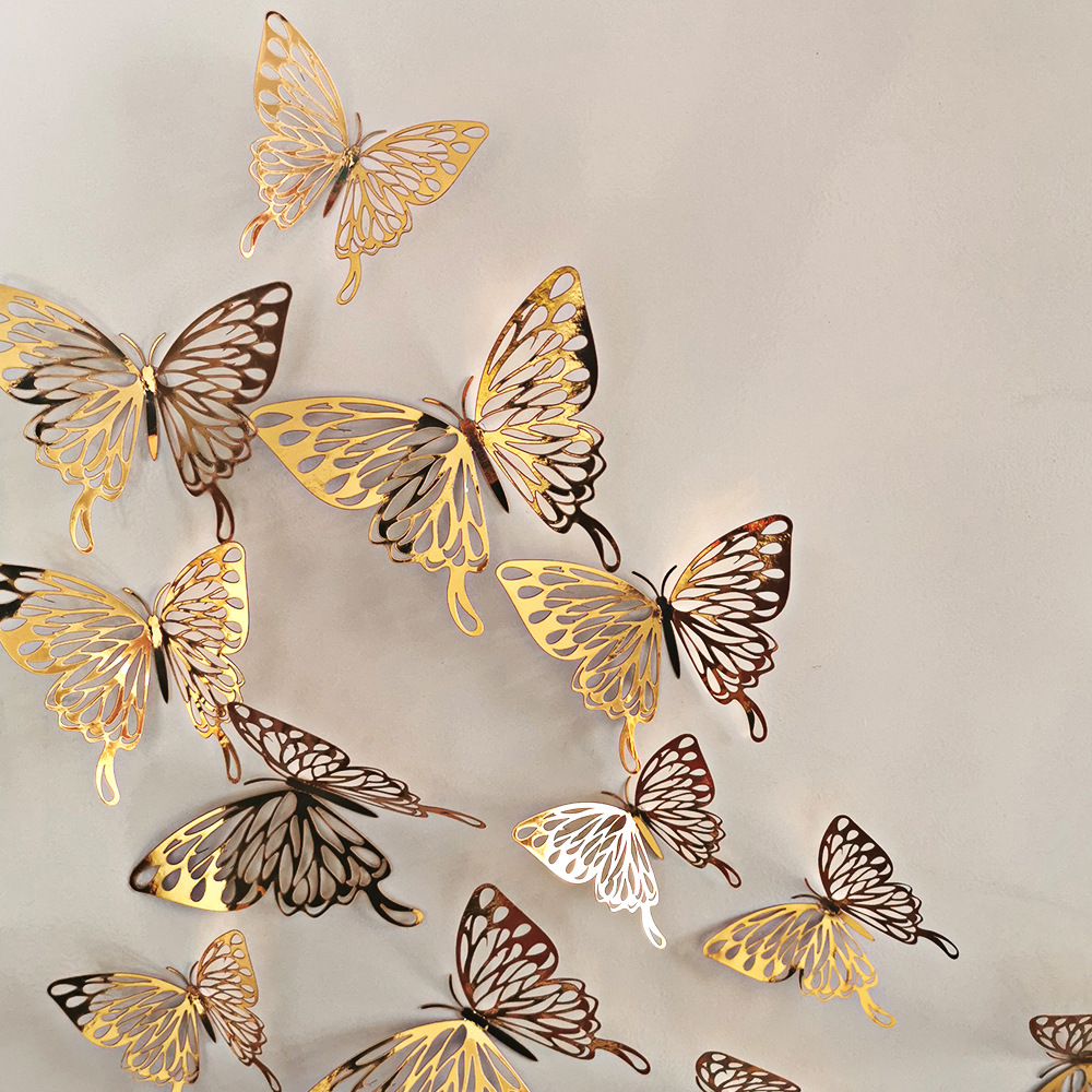 12Pcs/Set Gold Silver Hollow Butterfly Wall Sticker 3D Butterflies Bedroom Home Decor Wedding Decor