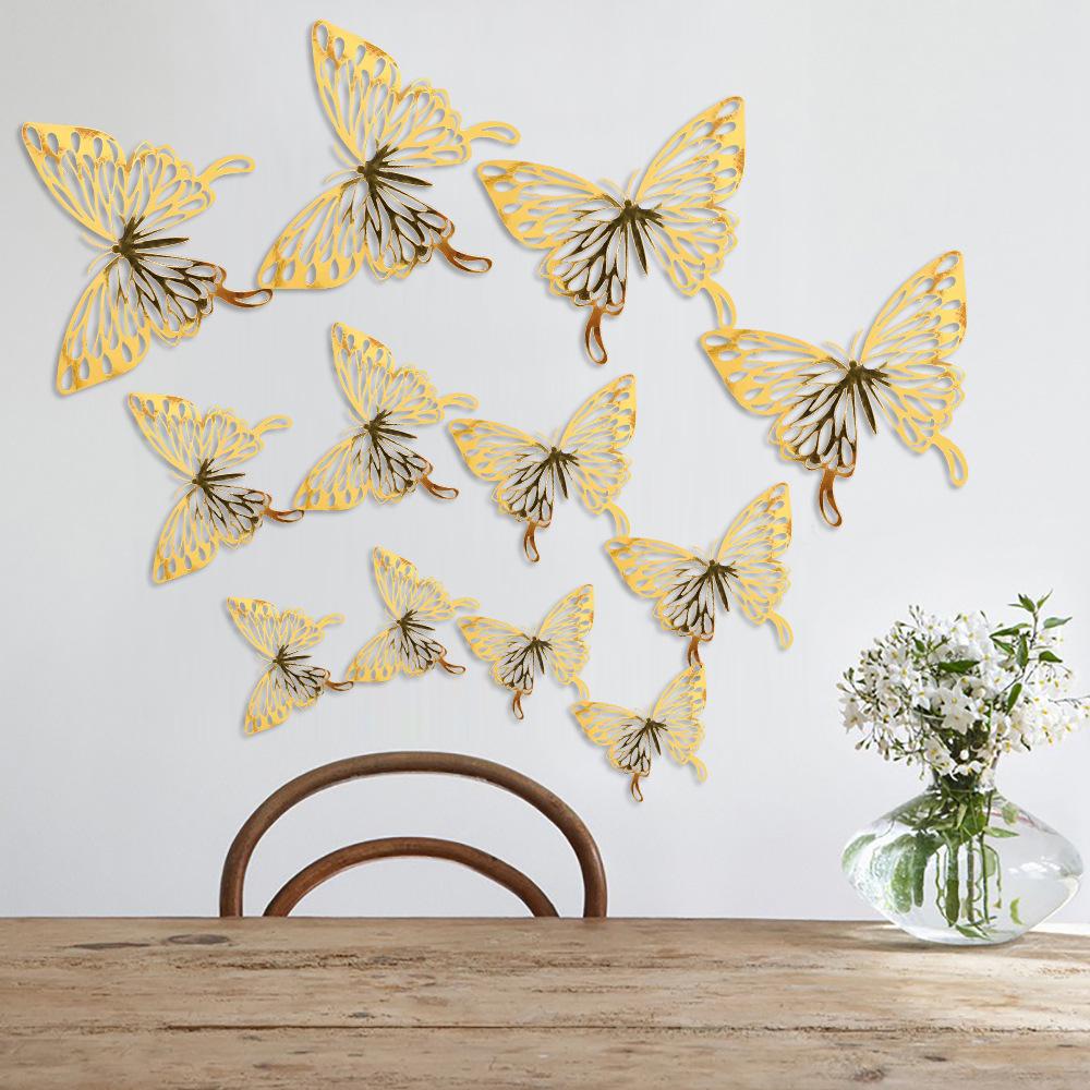 12Pcs/Set Gold Silver Hollow Butterfly Wall Sticker 3D Butterflies Bedroom Home Decor Wedding Decor